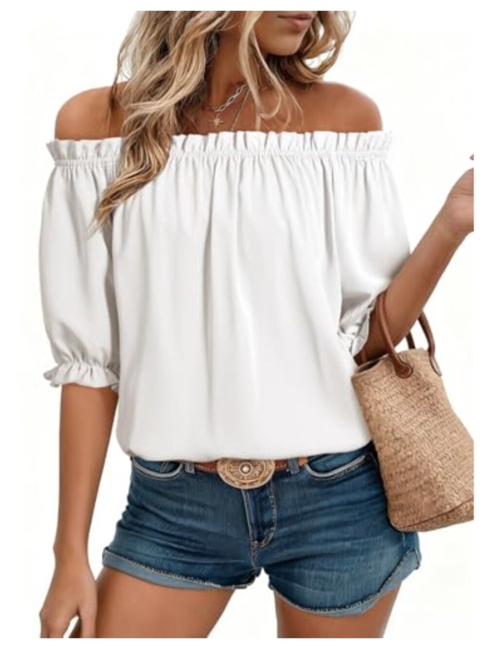 Off Shoulder Blouse Pleated Short Sleeve Boat Neck Top